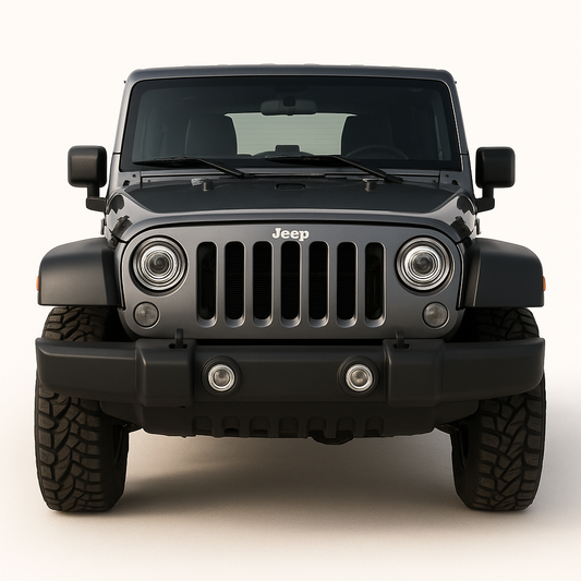 Front view of a Jeep Wrangler on a white background