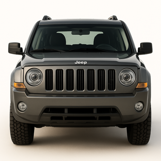 Front view of a gray Jeep Patriot on a white background