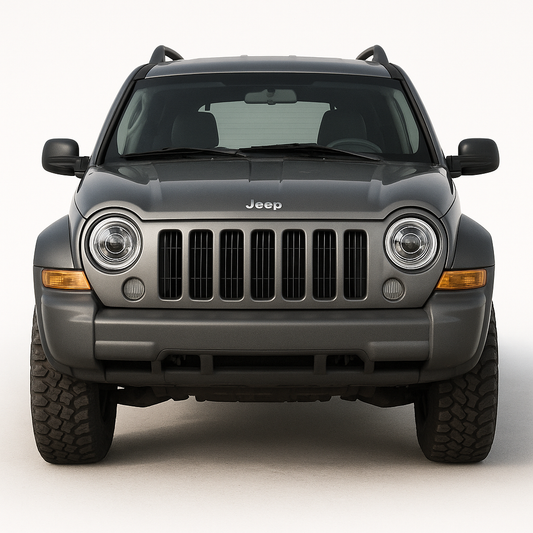 Gray Jeep SUV front view on a white background